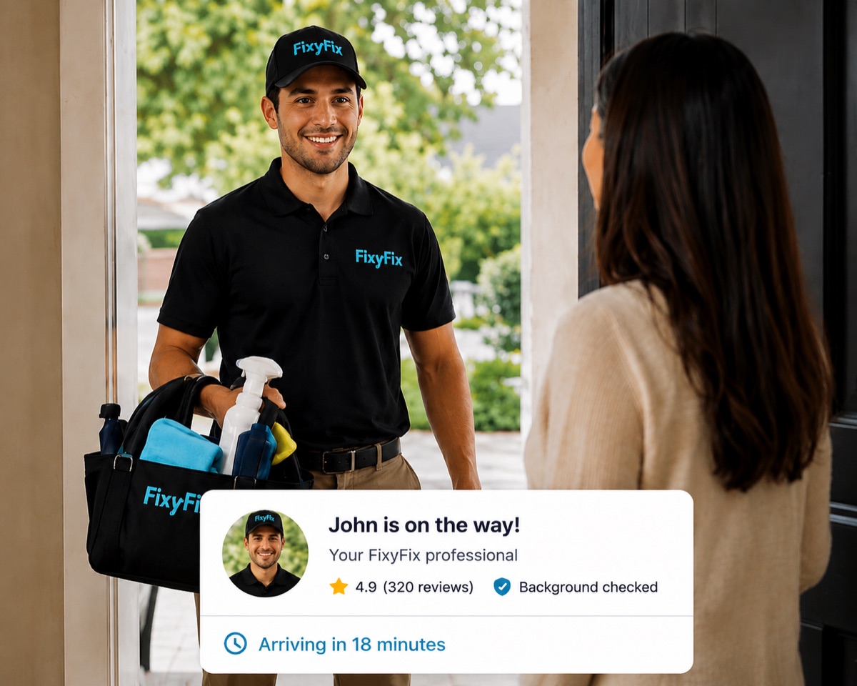 A background-checked FixyFix professional arriving at a customer's front door, with the app showing they're 18 minutes away